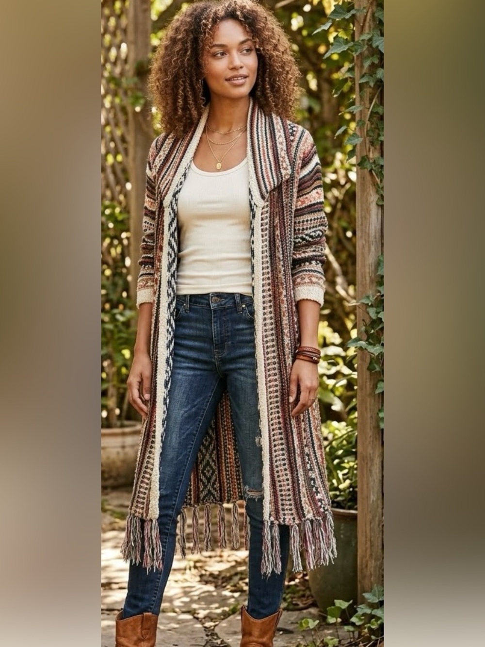 Original USA Multicolor Striped Fringe Open-Front Hooded Cardigan Size L/XL